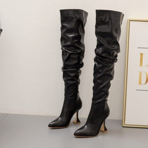 Pleated Leather Over The Knee Boots