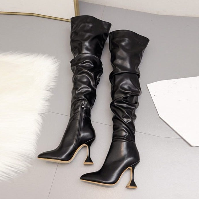 Pleated Leather Over The Knee Boots