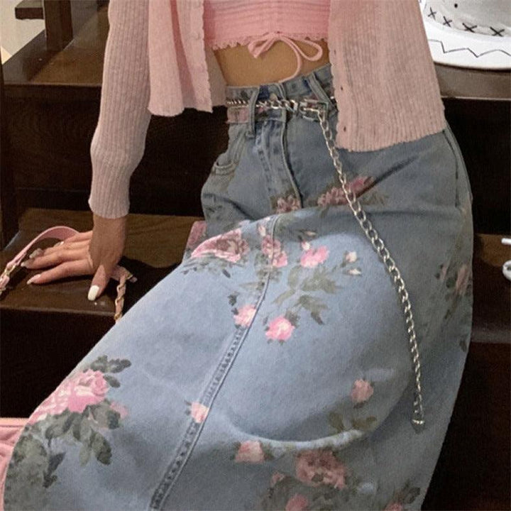 Embroidered Rose Split Denim Skirt