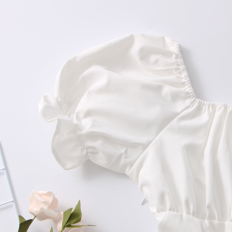White Midi Dress Vintage Puff Sleeve Bandage Goth Outfits