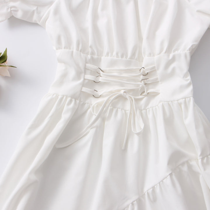 White Midi Dress Vintage Puff Sleeve Bandage Goth Outfits
