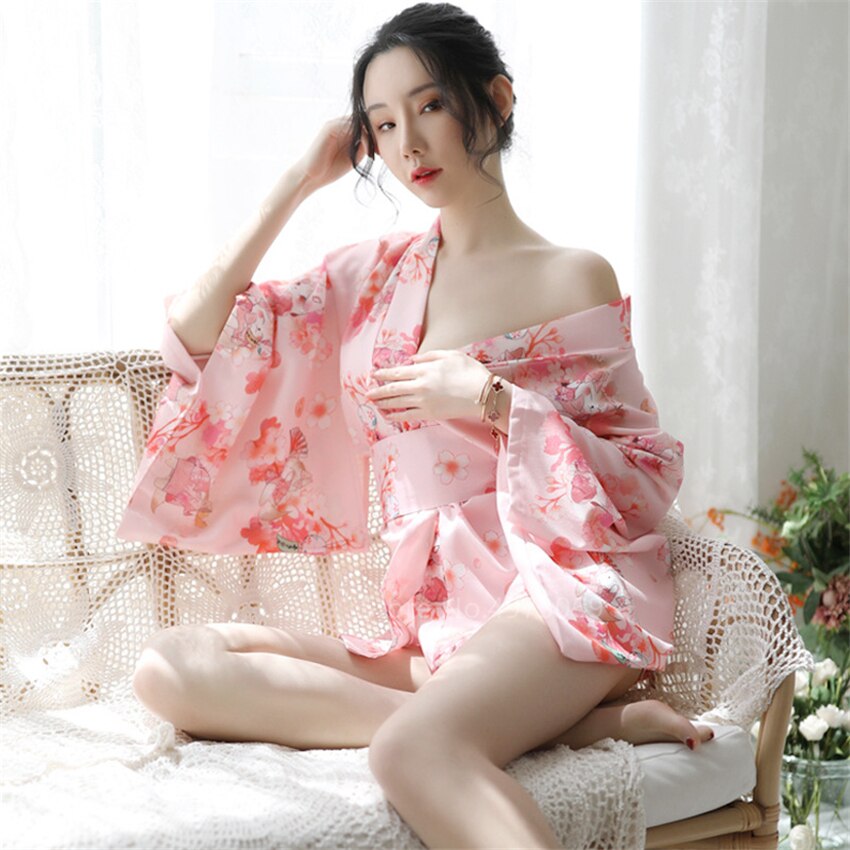 Japanese Kimono Dress Pink Sexy Cherry NightGown