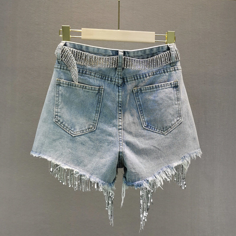 Women Summer Denim Shorts High Waisted Ripped Rhinestone Pearl Frayed Raw Hem Blue Jean Shorts