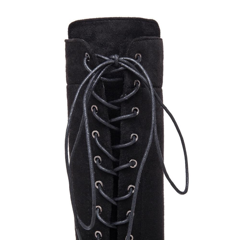 Thigh High Boots No Heel Winter Lace Up Zipper Boots for Women Over The Knee