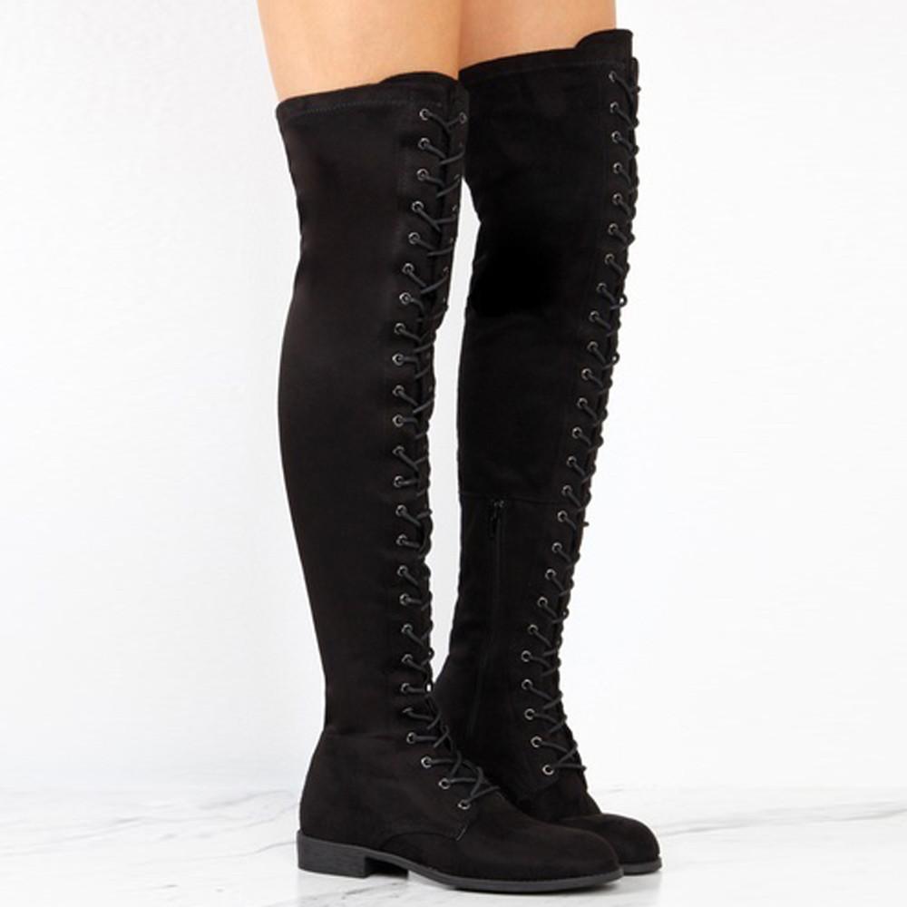 Thigh High Boots No Heel Winter Lace Up Zipper Boots for Women Over The Knee