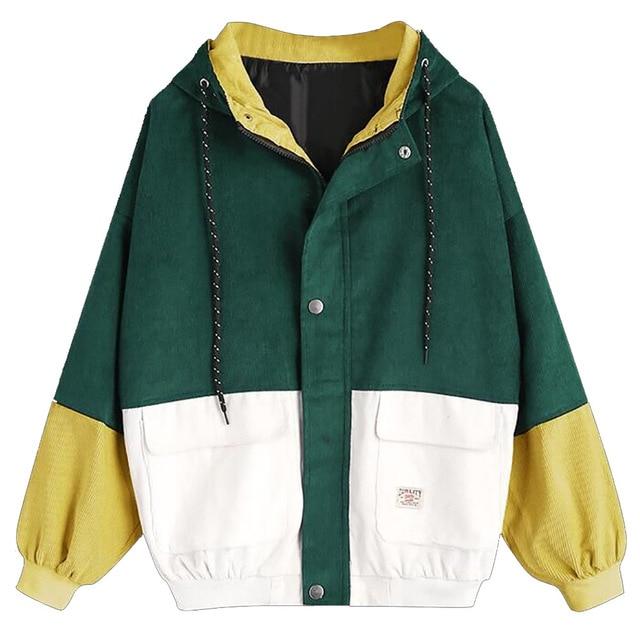 Cute Loose Color-block Corduroy Jacket