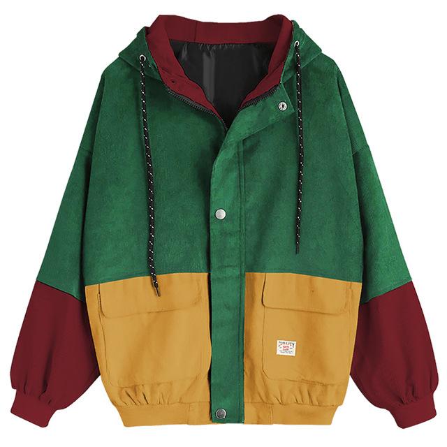 Cute Loose Color-block Corduroy Jacket