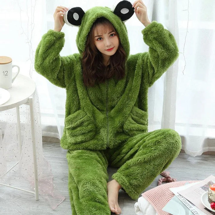 Cute Little Frog Coral Fleece Hooded Pajamas for Womens Girls