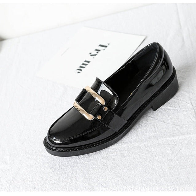 Retro British Style Loafers Women's Gold Buckle Single Shoe