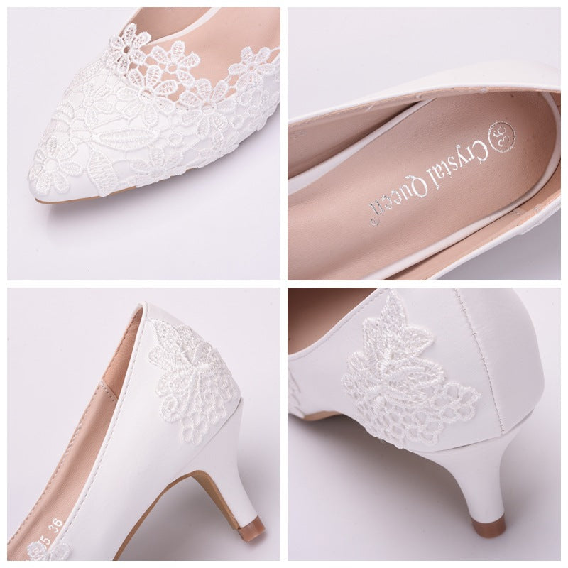 White Lace Flower Low Heel Wedding Shoes for Bride