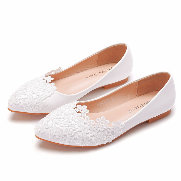 White Lace Flower Flat Wedding Shoes for Bride