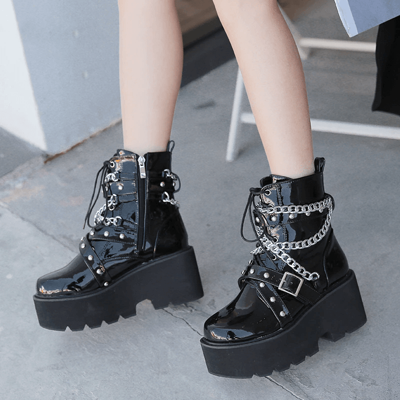 Womens Goth Patent Ankle Boots Platform Chunky High Heel Lace Up Combat Boots Punk Short Booties