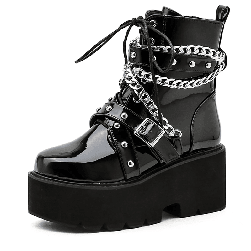 Womens Goth Patent Ankle Boots Platform Chunky High Heel Lace Up Combat Boots Punk Short Booties