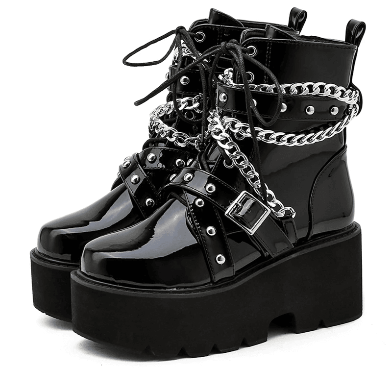 Womens Goth Patent Ankle Boots Platform Chunky High Heel Lace Up Combat Boots Punk Short Booties