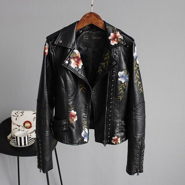 Women Floral Print Embroidery Faux Soft Leather Jacket