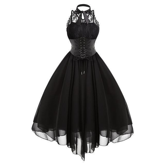 Gothic Dress Sleeveless with Corset Halter Lace Swing Cocktail Dress
