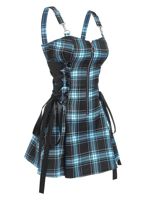 Womens Straps Plaid Lace-up Gothic Zipper Dress