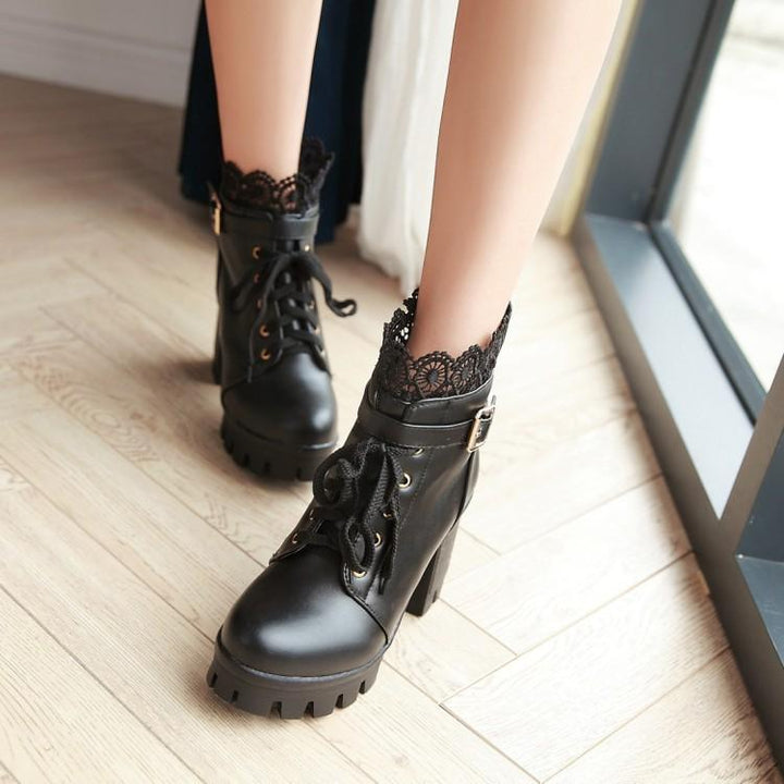 White Black Lace Up Ankle Boots