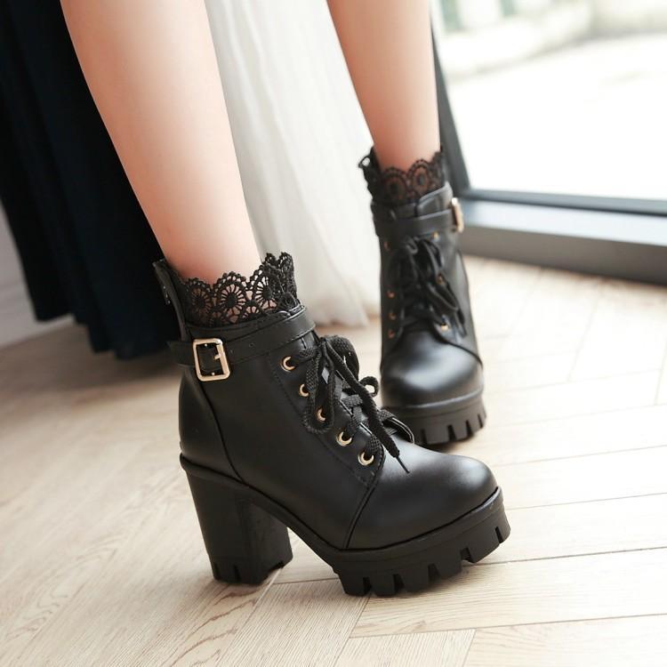 White Black Lace Up Ankle Boots