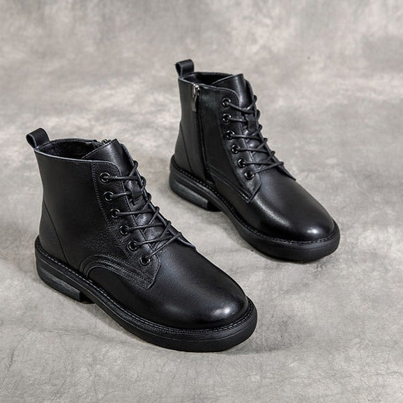 Women Leather Casual and Light Lace-up Zipper Ankle Boot