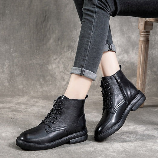 Women Leather Casual and Light Lace-up Zipper Ankle Boot