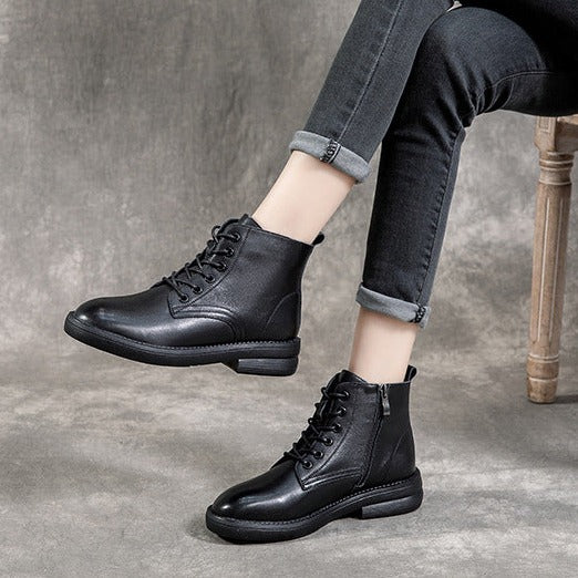 Women Leather Casual and Light Lace-up Zipper Ankle Boot
