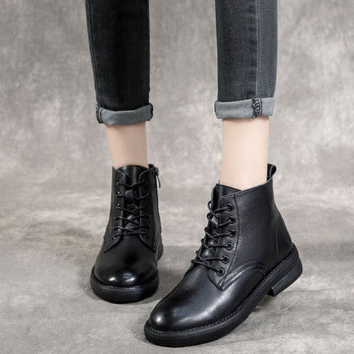 Women Leather Casual and Light Lace-up Zipper Ankle Boot