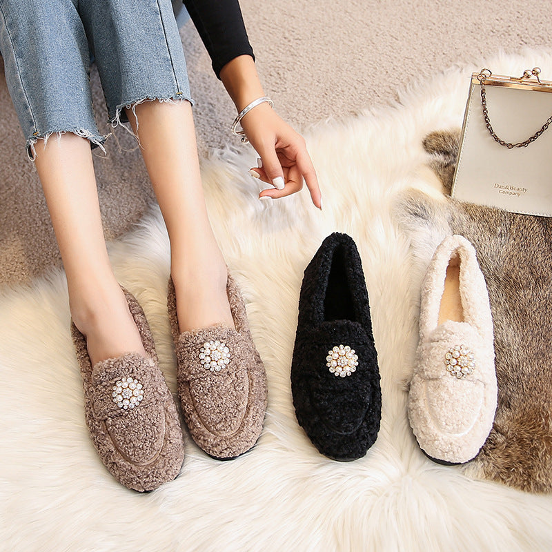 Women Pearl Cute Winter Lamb Fur Flat Shoes Loafers