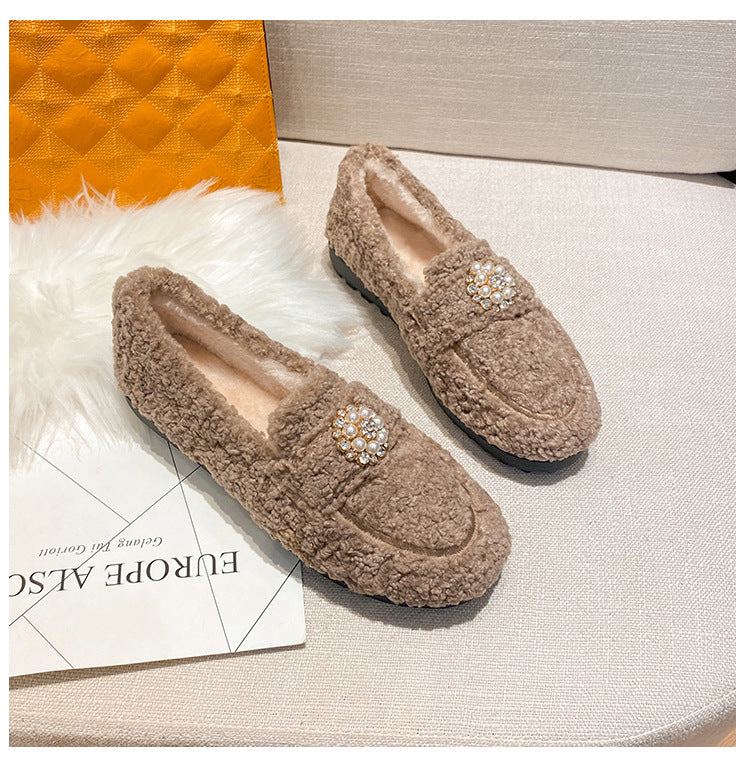 Women Pearl Cute Winter Lamb Fur Flat Shoes Loafers