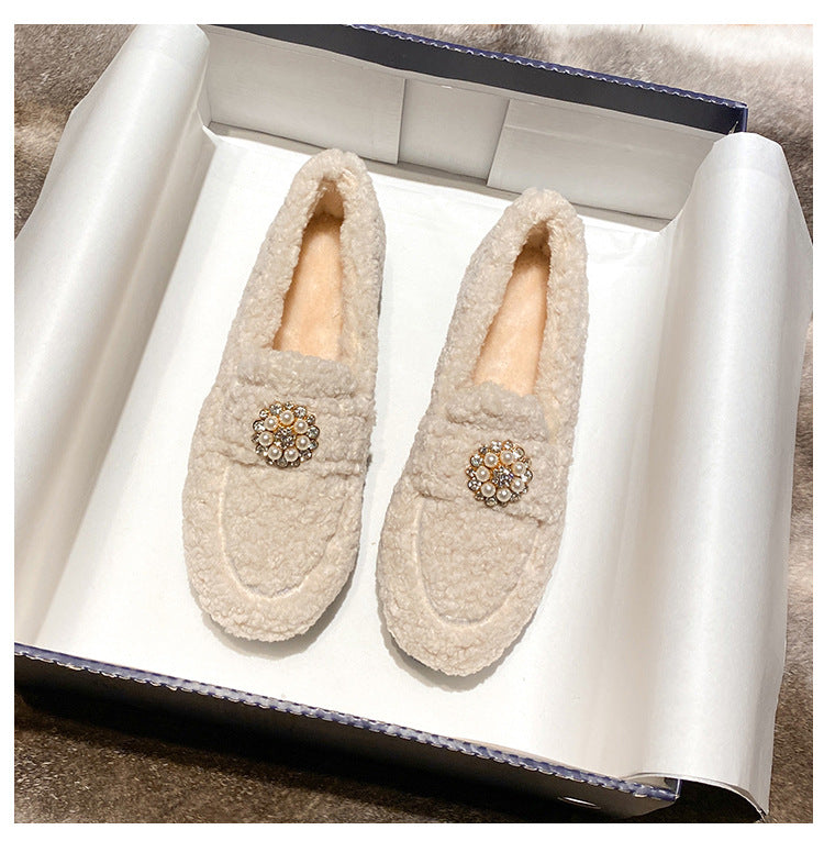 Women Pearl Cute Winter Lamb Fur Flat Shoes Loafers