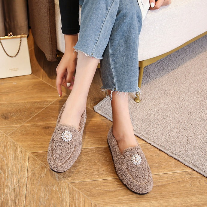 Women Pearl Cute Winter Lamb Fur Flat Shoes Loafers