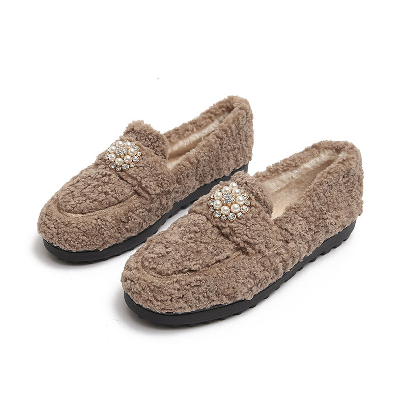 Women Pearl Cute Winter Lamb Fur Flat Shoes Loafers