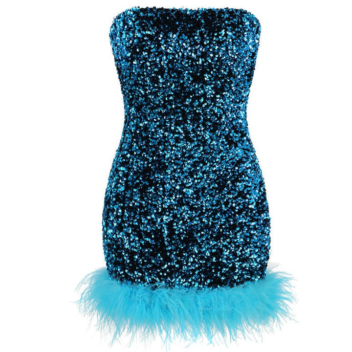 Women Sequin Bandeau Ostrich-Trim Prom Mini Dress