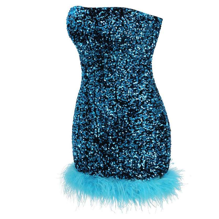 Women Sequin Bandeau Ostrich-Trim Prom Mini Dress