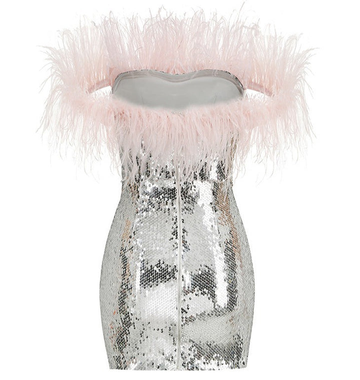 Women Sequin Off-shoulder Feather Prom Mini Dress