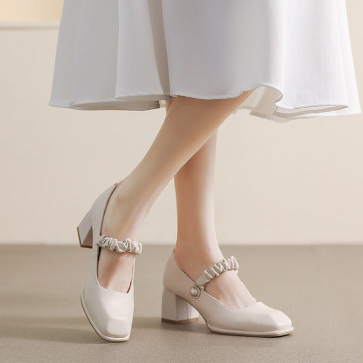 Womens Elegant Pearl Square Toe Mary Jane Shoes Pumps