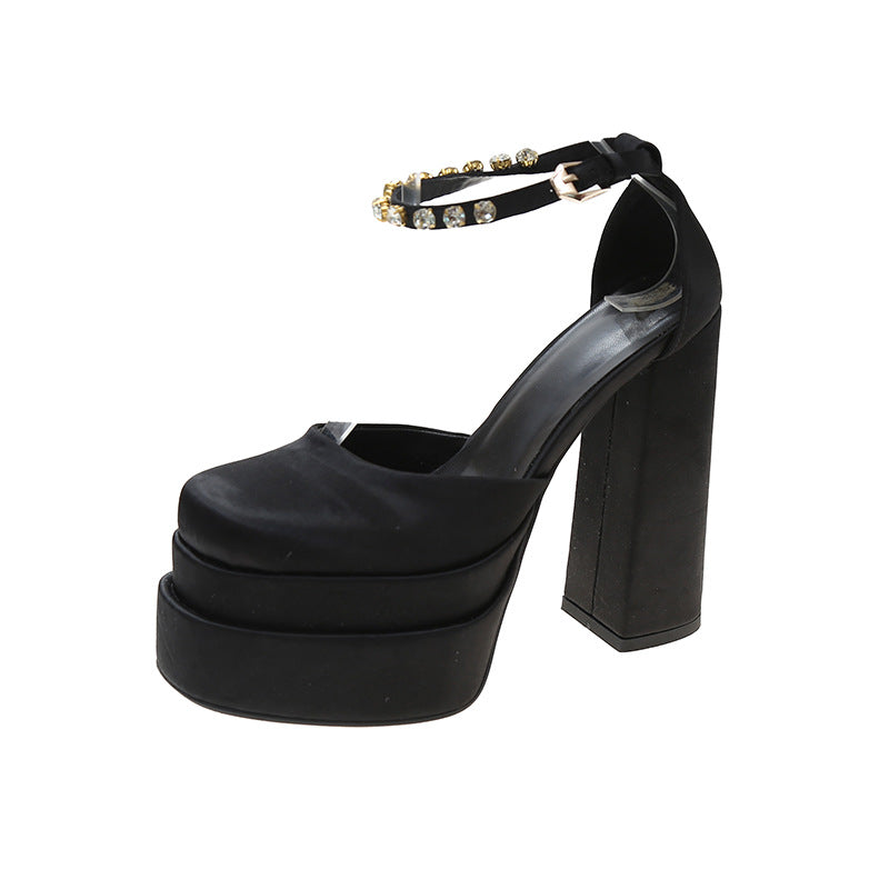 Women's High Heel Rhinestone Platform Silk Square Toe Sandals