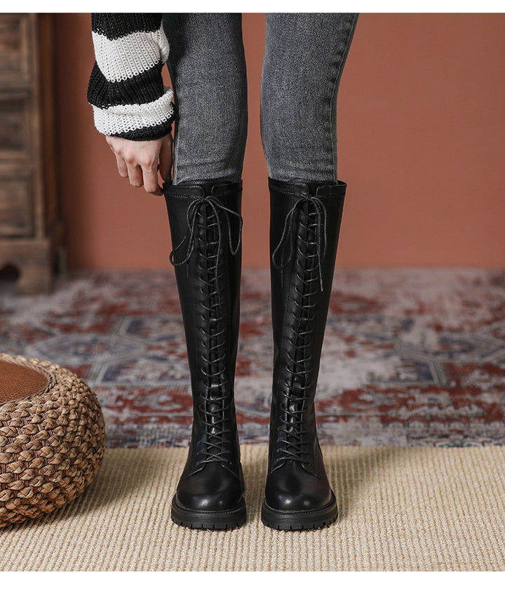 Womens Knee High Boots Lace Up Platform Zipper Boots
