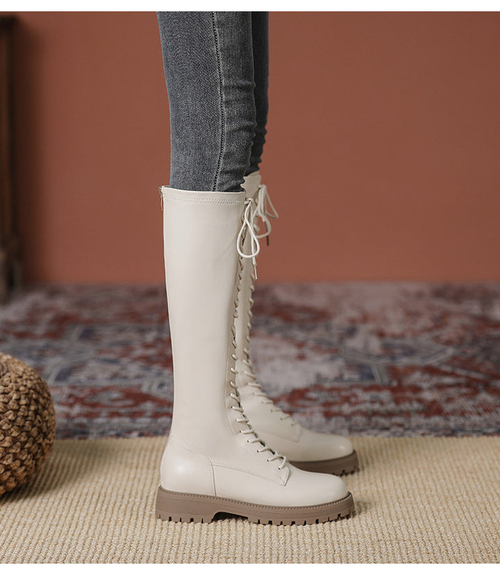 Womens Knee High Boots Lace Up Platform Zipper Boots