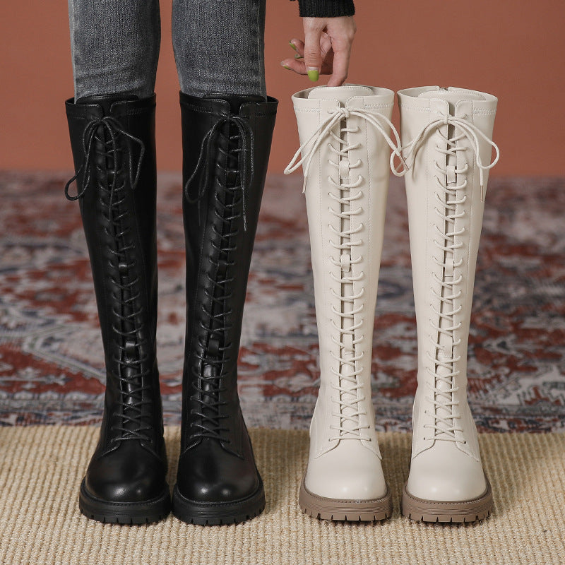 Womens Knee High Boots Lace Up Platform Zipper Boots