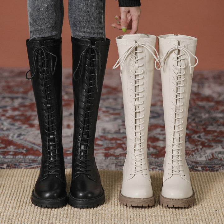 Womens Knee High Boots Lace Up Platform Zipper Boots