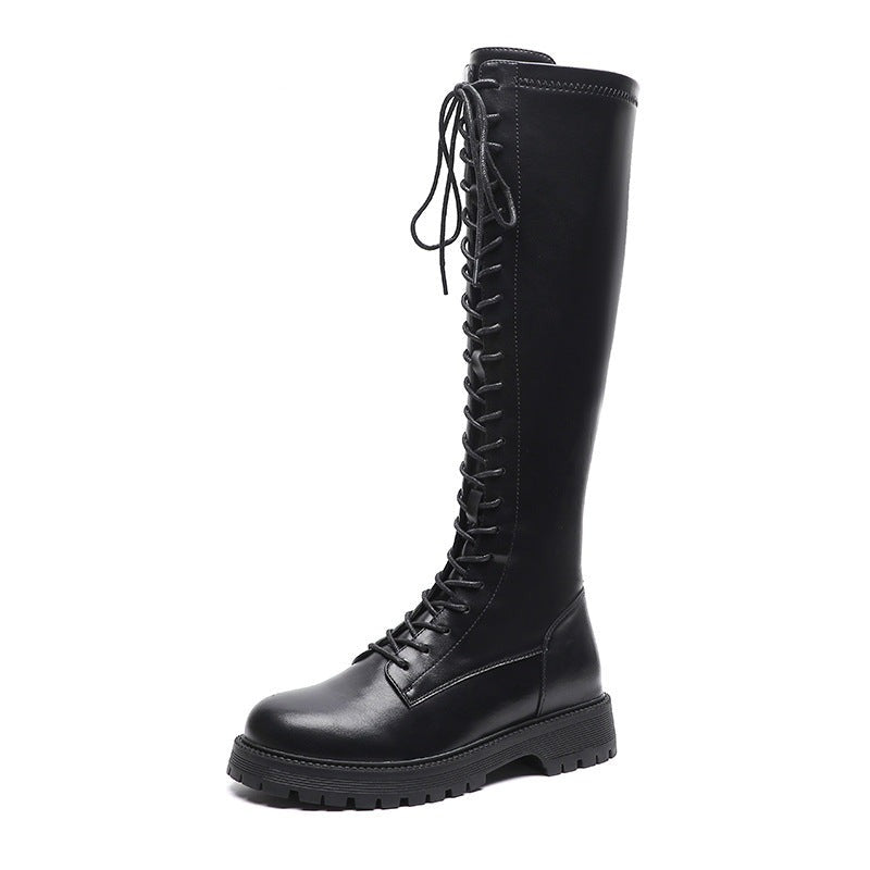 Womens Knee High Boots Lace Up Platform Zipper Boots