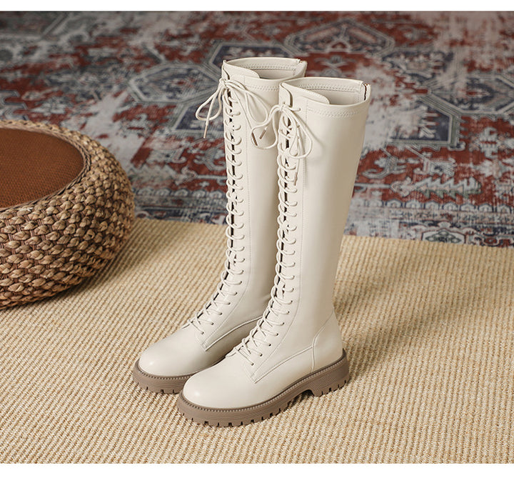 Womens Knee High Boots Lace Up Platform Zipper Boots