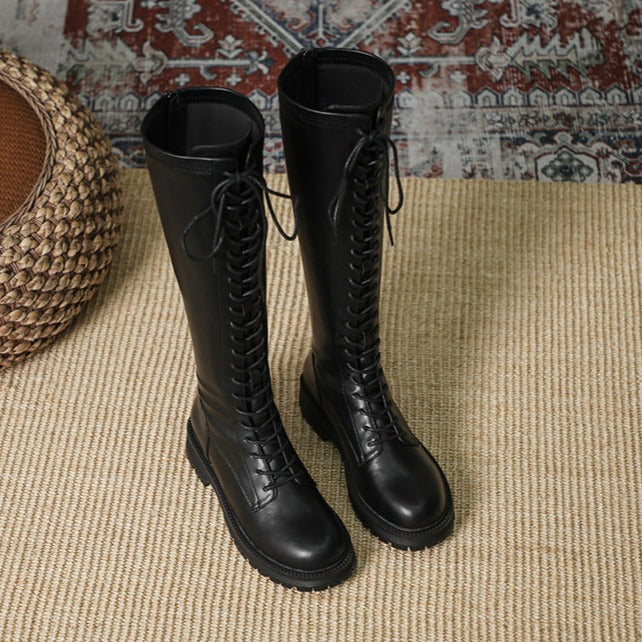 Womens Knee High Boots Lace Up Platform Zipper Boots